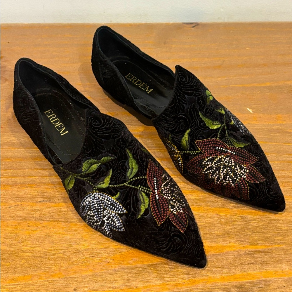 ERDEM brocade velvet embroidered black floral pointed toe slippers
